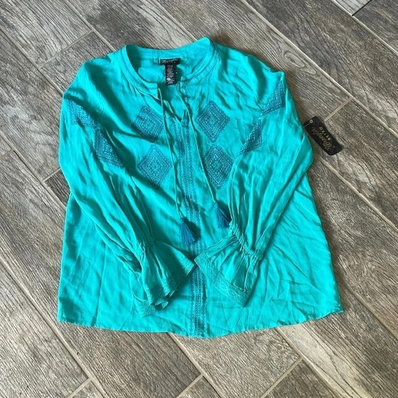 Wrangler Retro Embroidered long sleeved Peasant Top Teal Tassels Women’s Size S - Picture 3 of 13